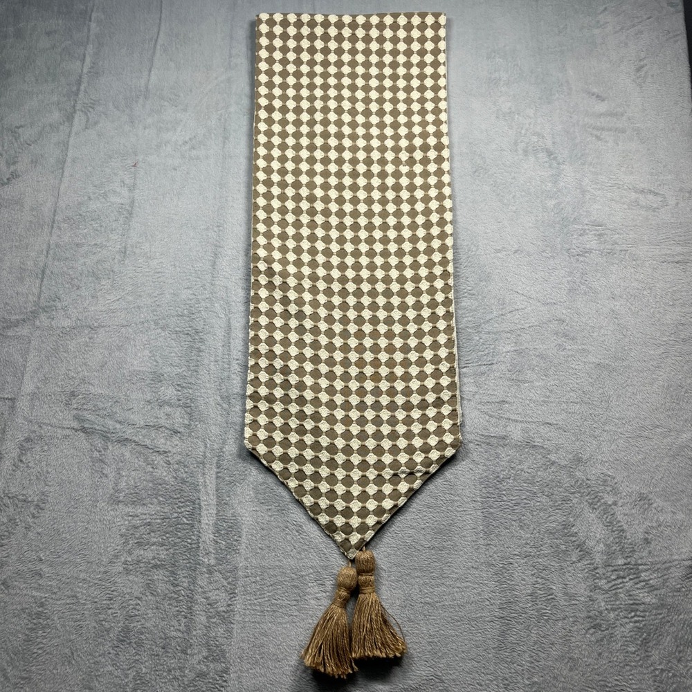 Boho Geometric Table Runner Textured Taupe Cream Jacquard Woven Tassels Scroll